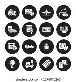 16 vector icon set : Delivery day, Tag, Weighing, Hot air balloon, Logistic Protection, List, delivery Schedule isolated on black background