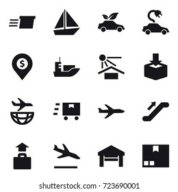 16 vector icon set : delivery, boat, eco car, electric car, dollar pin, plane, escalator, baggage, arrival, garage, package