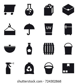 16 vector icon set : delivery, round flask, shopping bag, box, uv cream, fridge, cauldron, barrel, bucket, sprayer, garbage bag, package