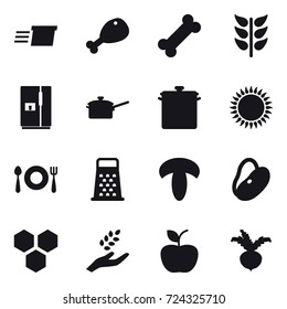 16 vector icon set : delivery, chicken leg, fridge, saute pan, pan, honeycombs, harvest, apple, beet