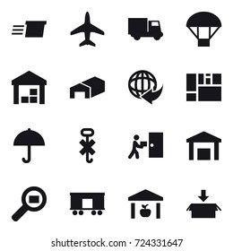 16 vector icon set : delivery, plane, truck, parachute, warehouse, package