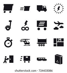 16 vector icon set : delivery, truck, lightning, segway, infinity power, journey, stopwatch