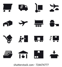 16 vector icon set : delivery, cargo stoller, journey, warehouse, cruise ship, package