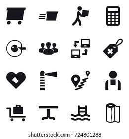 16 vector icon set : delivery, courier, calculator, cell corection, group, notebook connect, lighthouse, baggage trolley, table, pool, paper towel