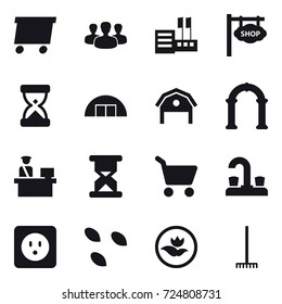 16 vector icon set : delivery, group, store, shop signboard, hangare, barn, arch, cart, water tap, power socket, seeds, ecology, rake