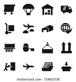 16 vector icon set : delivery, parachute, warehouse, cargo stoller, journey, plane, cruise ship, package