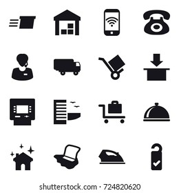 16 vector icon set : delivery, warehouse, phone wireless, atm, hotel, baggage trolley, house cleaning, floor washing, iron, please clean