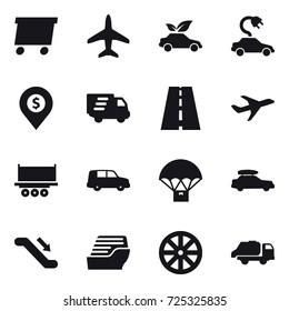 16 vector icon set : delivery, plane, eco car, electric car, dollar pin, car baggage, escalator, cruise ship, wheel, trash truck