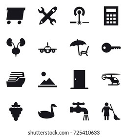 16 vector icon set : delivery, pencil wrench, laser, calculator, lounger, key, cruise ship, landscape, door, grape, goose, water tap, brooming