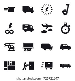 16 vector icon set : delivery, truck, lightning, segway, infinity power, journey, stopwatch