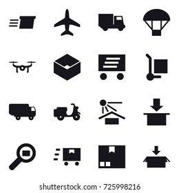 16 vector icon set : delivery, plane, truck, parachute, drone, box, cargo stoller, package