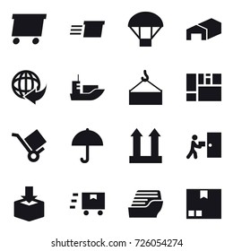 16 vector icon set : delivery, parachute, warehouse, cruise ship, package