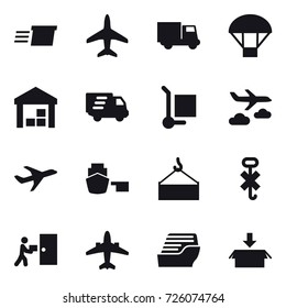 16 vector icon set : delivery, plane, truck, parachute, warehouse, cargo stoller, journey, airplane, cruise ship, package