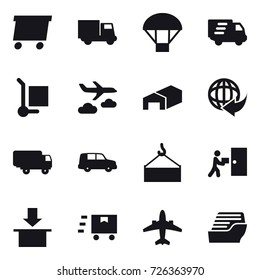 16 vector icon set : delivery, truck, parachute, cargo stoller, journey, warehouse, airplane, cruise ship