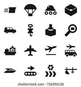 16 vector icon set : delivery, parachute, lunar rover, box, baggage checking, airplane, departure, transfer, yacht, plow