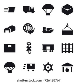 16 vector icon set : delivery, truck, parachute, box, warehouse, handwheel