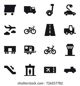 16 vector icon set : delivery, truck, segway, electric car, journey, bike, trailer, airport tower, escalator, detector, ticket, pickup