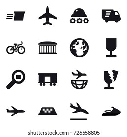 16 vector icon set : delivery, plane, lunar rover, bike, airport building, taxi, arrival, jet ski