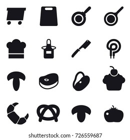 16 vector icon set : delivery, cutting board, pan, cook hat, apron, chef knife, mushroom, tomato