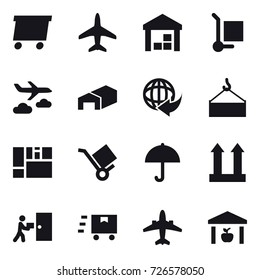 16 vector icon set : delivery, plane, warehouse, cargo stoller, journey, airplane