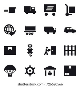 16 vector icon set : delivery, truck, cargo stoller, handwheel, warehouse, package