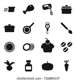 16 vector icon set : delivery, chicken leg, mixer, pan, handle scales, big spoon, coffee seeds, beet, pills bottle, pumpkin, carrot