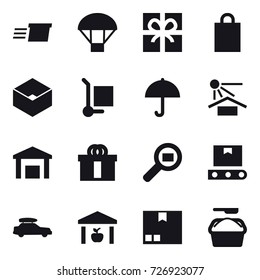 16 vector icon set : delivery, parachute, gift, shopping bag, box, cargo stoller, car baggage, warehouse, package, washing powder