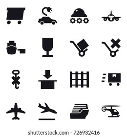 16 vector icon set : delivery, electric car, lunar rover, airplane, arrival, cruise ship