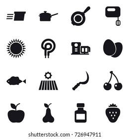 16 vector icon set : delivery, saute pan, pan, field, sickle, cherry, apple, pear, pills bottle, strawberry