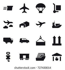 16 vector icon set : delivery, plane, parachute, cargo stoller, journey, warehouse, cruise ship