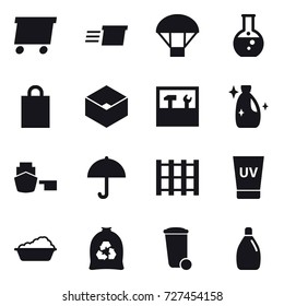 16 vector icon set : delivery, parachute, round flask, shopping bag, box, tools, cleanser, uv cream, washing, garbage bag, trash bin