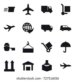 16 vector icon set : delivery, plane, truck, cargo stoller