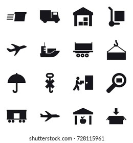 16 vector icon set : delivery, truck, warehouse, cargo stoller, plane, package