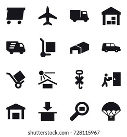 16 vector icon set : delivery, plane, truck, warehouse, cargo stoller