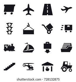 16 vector icon set : delivery, plane, train, sail boat, baggage get, cruise ship, stairs, warehouse, tractor