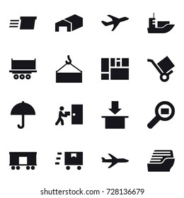 16 vector icon set : delivery, warehouse, plane, cruise ship