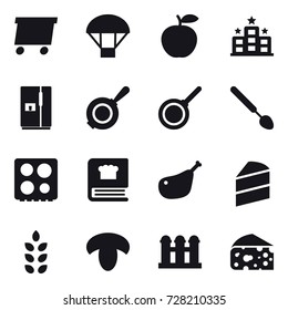16 vector icon set : delivery, parachute, hotel, fridge, pan, big spoon, spikelets, mushroom, grain elevator, cheese