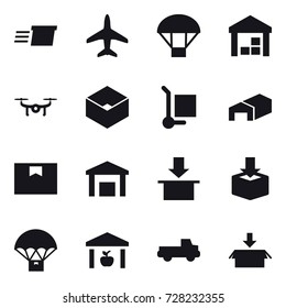 16 vector icon set : delivery, plane, parachute, warehouse, drone, box, cargo stoller, pickup, package