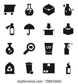 16 vector icon set : delivery, round flask, box, cleanser, uv cream, sprayer, garbage bag, trash bin, package, toilet cleanser