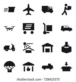 16 vector icon set : delivery, plane, truck, courier, drone, cargo stoller, warehouse, pickup, package