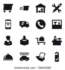 16 vector icon set : delivery, warehouse, pencil wrench, phone wireless, phone, tools, baggage trolley, reception, car wash, floor washing, please clean
