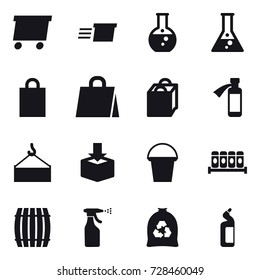 16 vector icon set : delivery, round flask, flask, shopping bag, bucket, barrel, sprayer, garbage bag, toilet cleanser