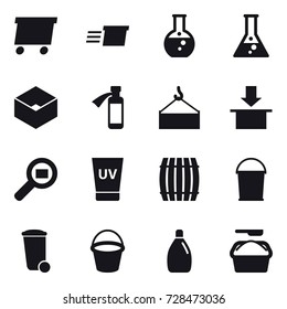 16 vector icon set : delivery, round flask, flask, box, uv cream, barrel, bucket, trash bin, cleanser, washing powder