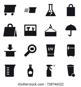 16 vector icon set : delivery, flask, shopping bag, tools, uv cream, fridge, measuring cup, sprayer, trash bin