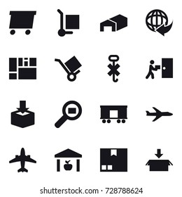 16 vector icon set : delivery, cargo stoller, warehouse, plane, airplane, package