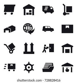 16 vector icon set : delivery, warehouse, cargo stoller, handwheel, cruise ship