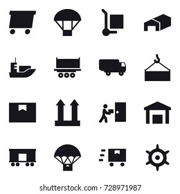 16 vector icon set : delivery, parachute, cargo stoller, warehouse, handwheel