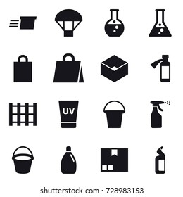 16 vector icon set : delivery, parachute, round flask, flask, shopping bag, box, uv cream, bucket, sprayer, cleanser, package, toilet cleanser