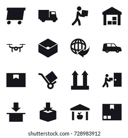 16 vector icon set : delivery, truck, courier, warehouse, drone, box, package