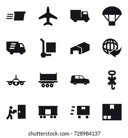 16 vector icon set : delivery, plane, truck, parachute, cargo stoller, warehouse, package